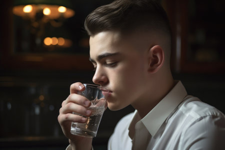a young man drinking a glass of water with his eyes closed, created with generative aiの素材