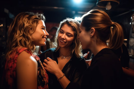 shot of a lesbian couple socializing with their dance instructor at a nightclub, created with generative aiの素材