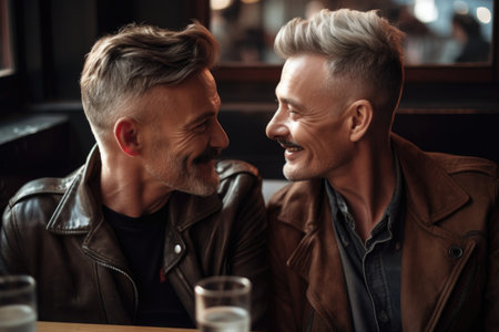 cropped shot of a gay couple sitting in a cafe together, created with generative aiの素材