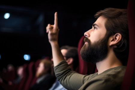 cropped shot of a man raising his hand at the cinema, created with generative aiの素材