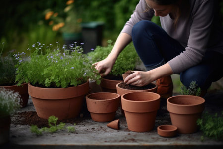 shot of a woman potting three clay pots outdoors, created with generative aiの素材