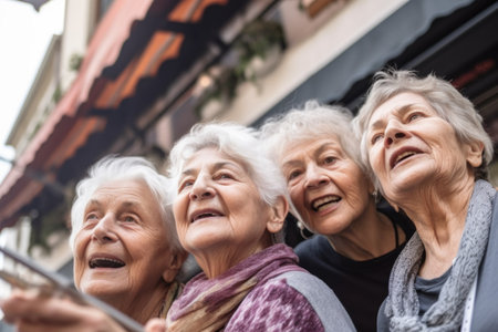 rearview shot of a group of senior friends taking a selfie while out on the boke, created with generative aiの素材