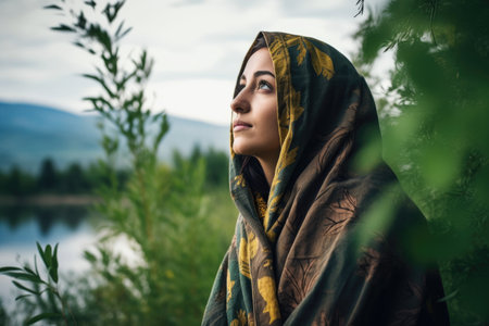 shot of a muslim woman looking at nature, created with generative aiの素材