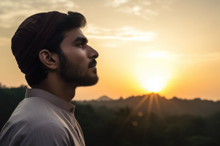 shot of a muslim man viewing the sun before fasting during ramadan, created with generative aiの素材