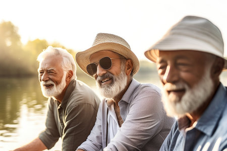 shot of a group of senior men fishing on the lake, created with generative aiの素材
