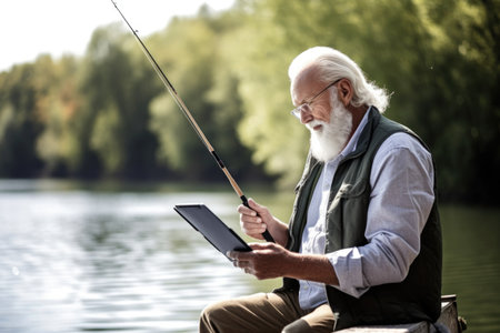 shot of a senior man using a digital tablet while fishing, created with generative aiの素材