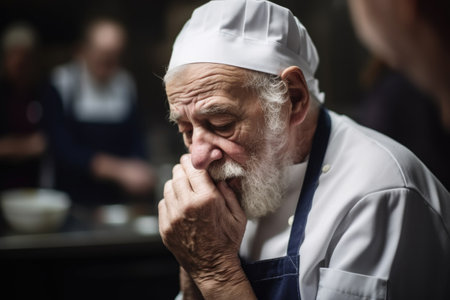 shot of a senior man feeling sick during a cooking class, created with generative aiの素材