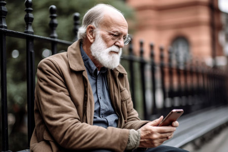 shot of a senior man using a cellphone while sitting outside, created with generative aiの素材