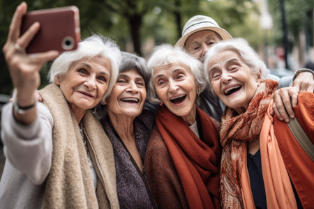 shot of senior friends taking a selfie together, created with generative aiの素材