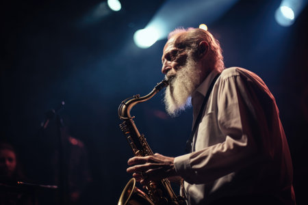 shot of a senior man playing the saxophone on stage during a concert, created with generative aiの素材