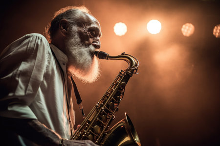 shot of a senior man playing the saxophone on stage during a concert, created with generative aiの素材