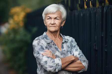 shot of a senior woman standing with her arms crossed outdoors, created with generative aiの素材