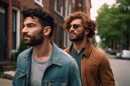 shot of two handsome male friends walking through their urban neighborhood, created with generative aiの素材