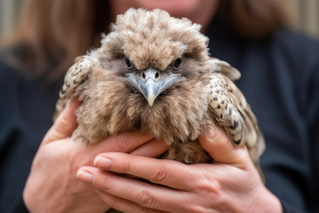 cropped shot of an unrecognizable woman holding a tawny frogmouth bird, created with generative aiの素材