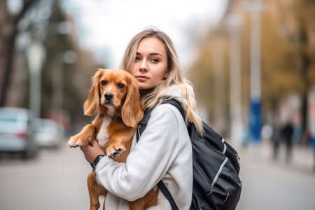 shot of a young woman carrying her dog on her shoulder while using an aerosol disinfectant spray, created with generative aiの素材