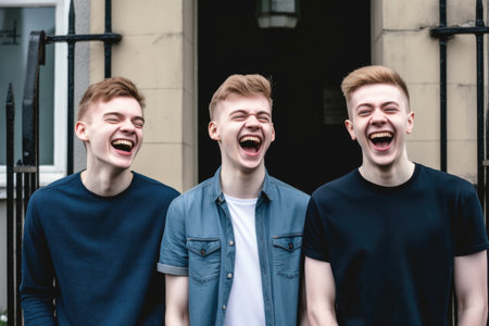 three young men looking rather excited while standing outside, created with generative aiの素材