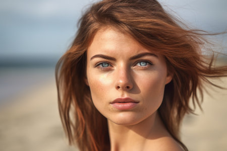 closeup of a beautiful woman standing on the beach, created with generative aiの素材