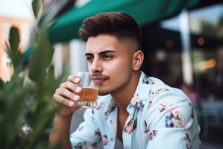 cropped shot of a handsome young man enjoying a drink at an outdoor cafe, created with generative aiの素材