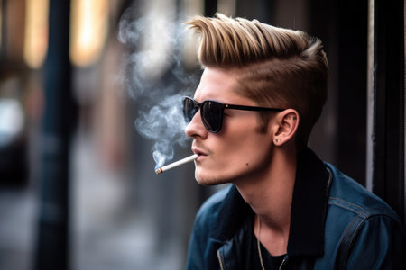 shot of a handsome young man wearing shades smoking a cigarette outside, created with generative aiの素材