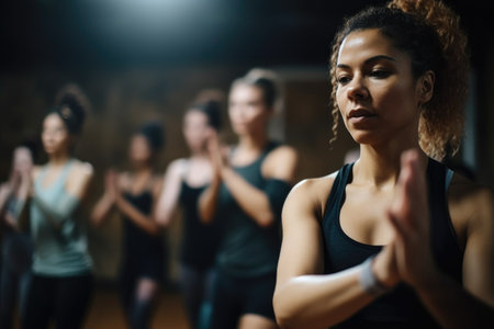 cropped shot of a fitness instructor leading her class in an exercise routine, created with generative aiの素材