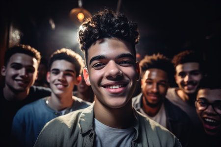 shot of a young man surrounding himself with friends, created with generative aiの素材