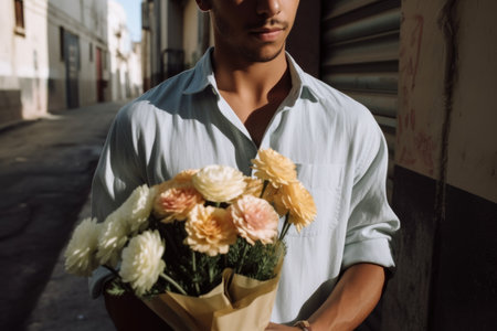 cropped shot of a young man holding a bunch of flowers, created with generative aiの素材