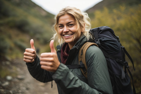 cropped shot of a woman showing thumbs up during a nature hike, created with generative aiの素材