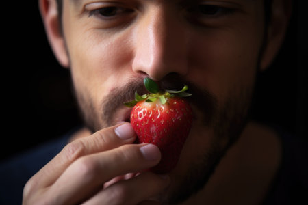 cropped shot of a man holding a strawberry to his nose, created with generative aiの素材