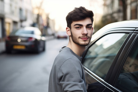 shot of a young man standing behind a car, created with generative aiの素材