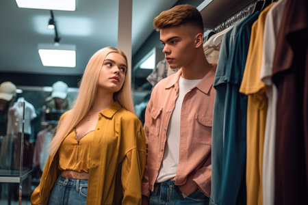 cropped shot of a young couple looking at trendy clothes in a store, created with generative aiの素材