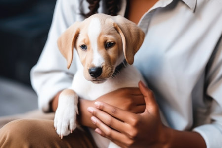 cropped shot of a woman petting a cute puppy on her lap, created with generative aiの素材