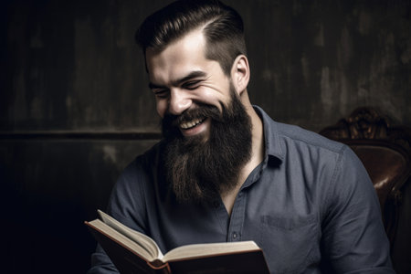 a bearded man reading a book and smiling confidently, created with generative aiの素材
