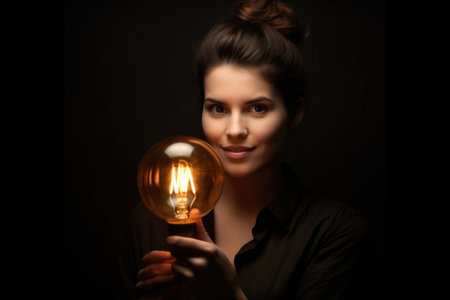 an attractive young woman holding a lightbulb and looking at you, created with generative aiの素材