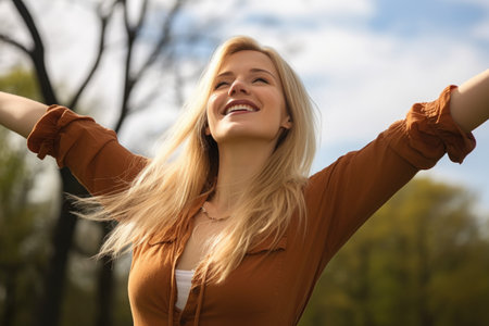 an attractive young woman with her arms outstretched in the outdoors, created with generative aiの素材