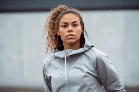 shot of a young woman in sportswear standing outdoors, created with generative aiの素材