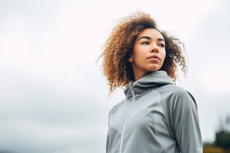shot of a young woman in sportswear standing outdoors, created with generative aiの素材