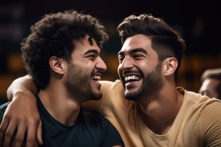 shot of two friends laughing together at a sports game, created with generative aiの素材