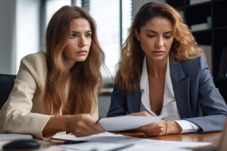 cropped shot of two businesswomen working together in the office, created with generative aiの素材