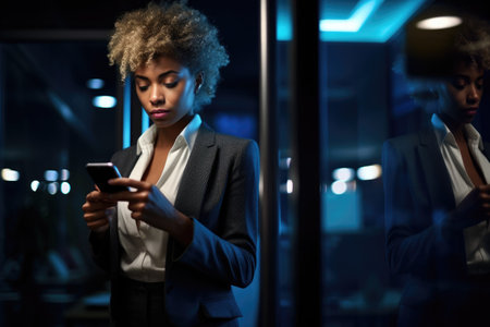 shot of a young businesswoman using a cellphone in an office at night, created with generative aiの素材