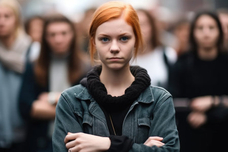cropped shot of an unrecognizable woman standing with her arms crossed in front of a young protestor, created with generative aiの素材
