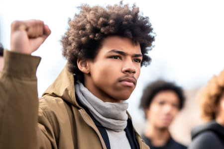 cropped shot of a young man holding up his fist during a peaceful protest, created with generative aiの素材