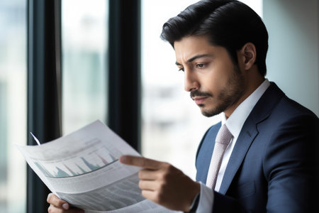cropped shot of a businessman looking at his financial statement, created with generative aiの素材