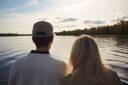 rear view of a young couple out on the lake, created with generative aiの素材