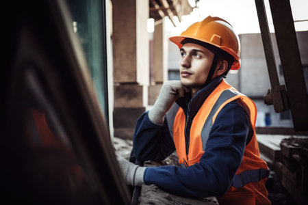 shot of a young man operating machinery on a construction site, created with generative aiの素材