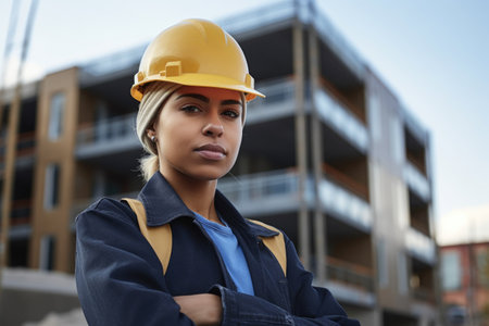 shot of a young woman holding a hardhat while standing in front of new building construction, created with generative aiの素材