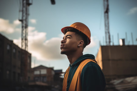 shot of a young man using his hardhat on a building site, created with generative aiの素材
