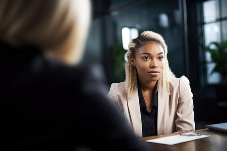 shot of a young businesswoman having a meeting with her colleague in an office, created with generative aiの素材