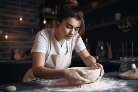 shot of a young woman making dough in a kitchen, created with generative aiの素材