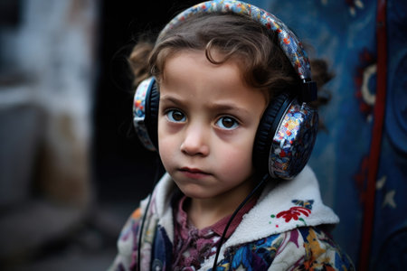 shot of a little girl listening to music on her headphones, created with generative aiの素材
