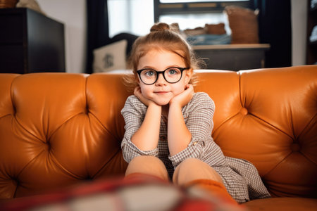 shot of a little girl wearing glasses and sitting on the sofa at home, created with generative aiの素材